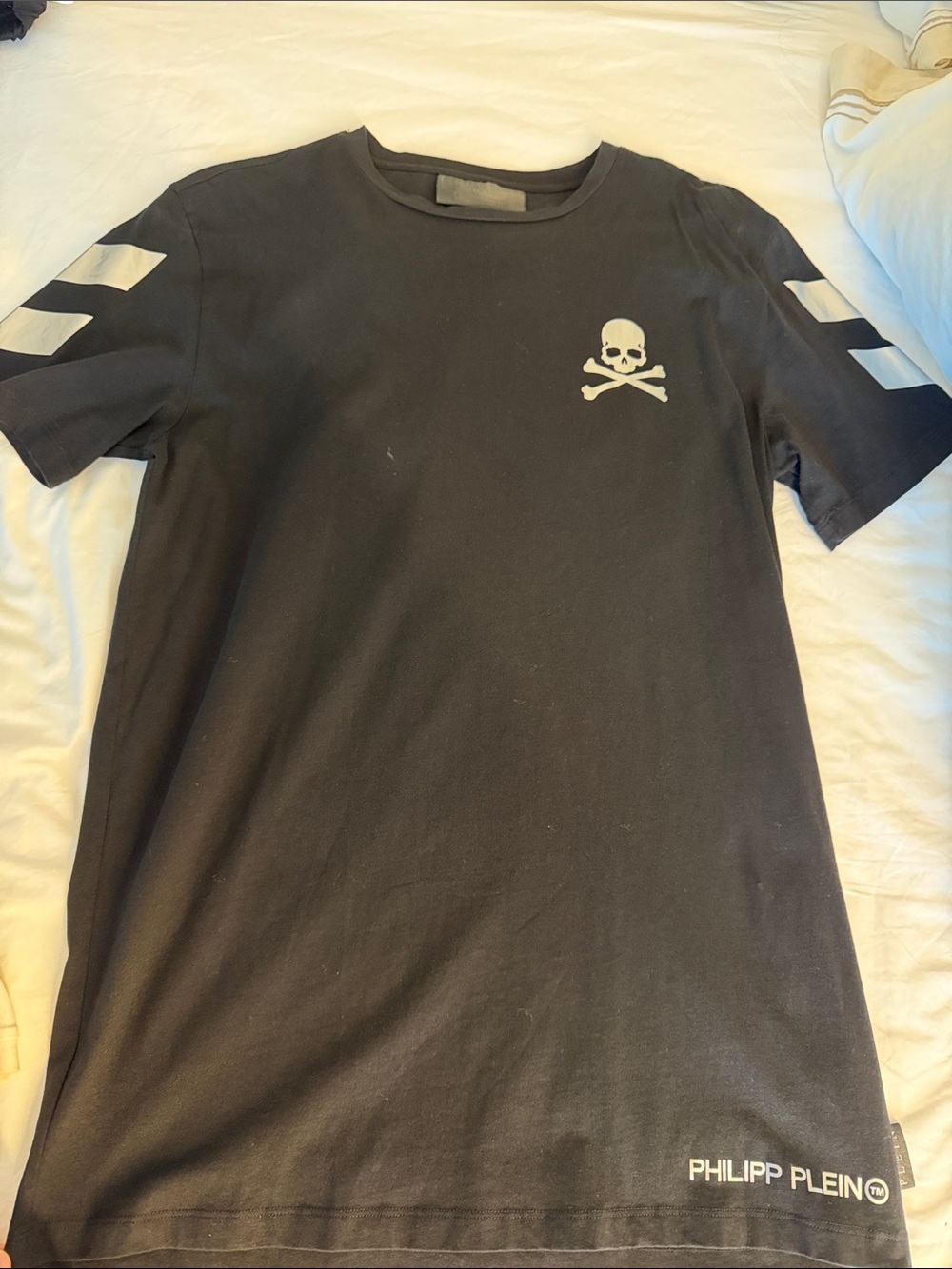 Philipp Plein Black Tee with White Skull & Sleeve Stripes